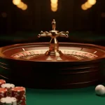 A roulette wheel surrounded by stacks of poker chips and a single ball on a green felt table