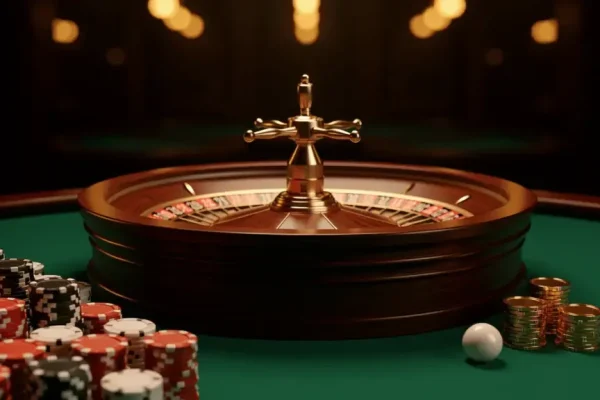 A roulette wheel surrounded by stacks of poker chips and a single ball on a green felt table