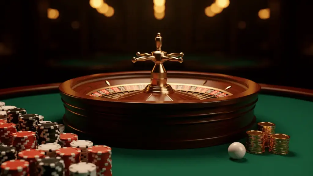 A roulette wheel surrounded by stacks of poker chips and a single ball on a green felt table