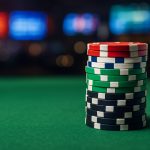 Stack of colorful poker chips on a green felt table with blurred background lights.