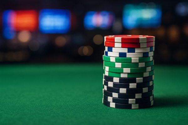 Stack of colorful poker chips on a green felt table with blurred background lights.